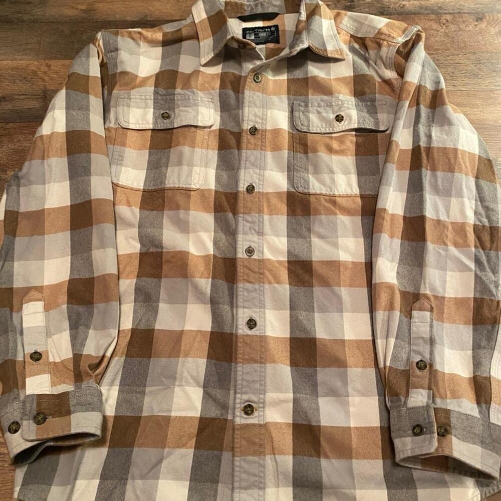 Carhartt brown and cream plaid work flannel button up